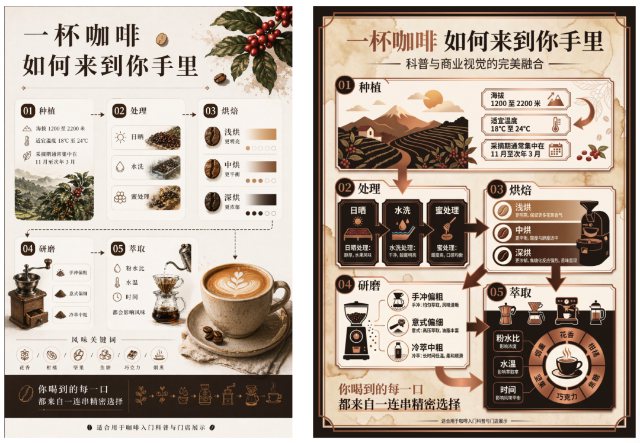 咖啡旅程信息图 AI 生图提示词效果图