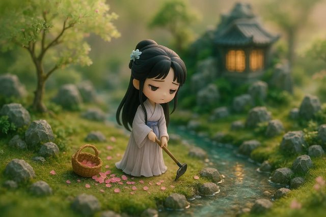 黛玉葬花微缩景 AI 生图提示词效果图