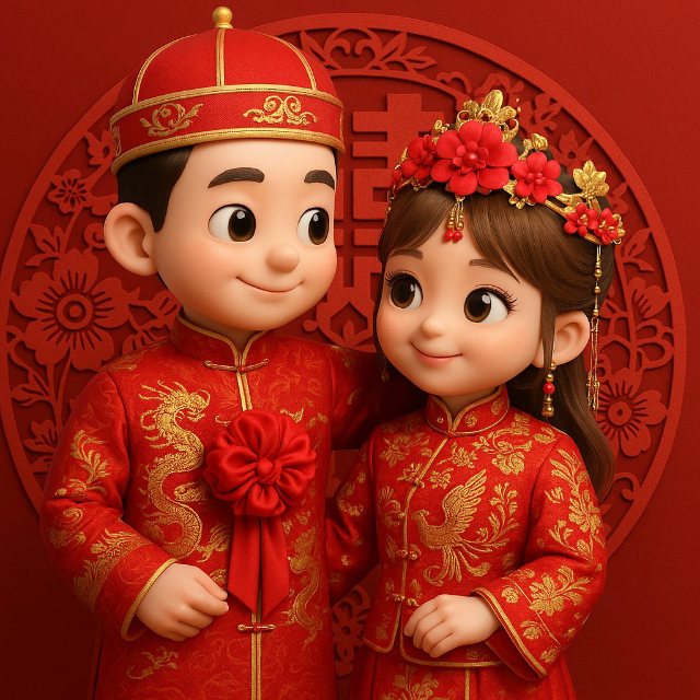 Q版中式婚礼3D人像 AI 生图提示词效果图