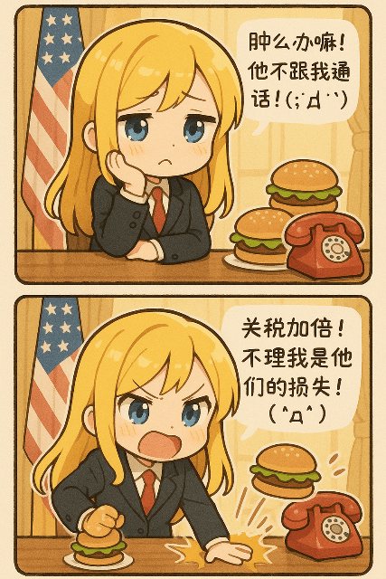 日式双格总统漫画 AI 生图提示词效果图