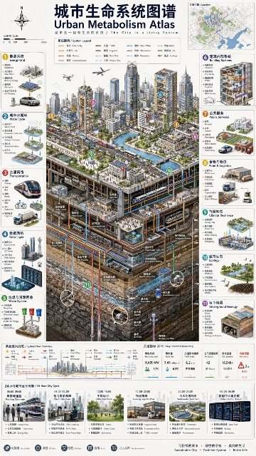 城市生命系统等距信息图 AI 生图提示词效果图