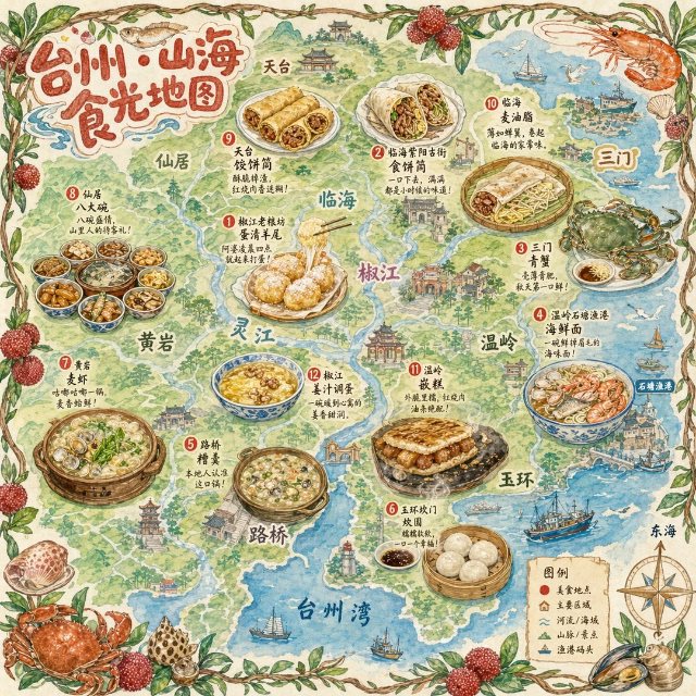台州山海食光手绘地图 AI 生图提示词效果图