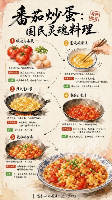 番茄炒蛋食谱信息图 AI 生图提示词效果图