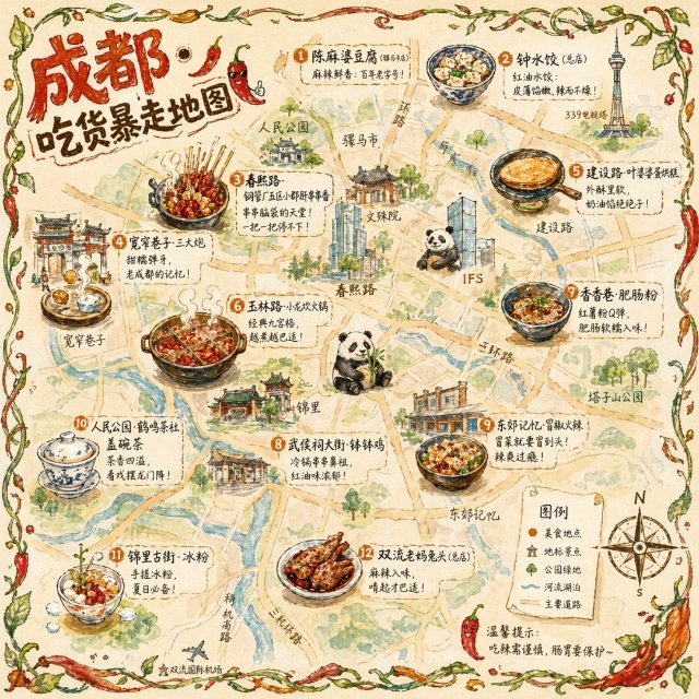 成都吃货暴走地图插画 AI 生图提示词效果图