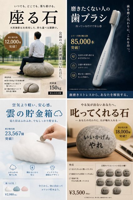 四格讽刺产品广告海报 AI 生图提示词效果图