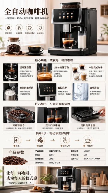 全自动咖啡机电商图 AI 生图提示词效果图