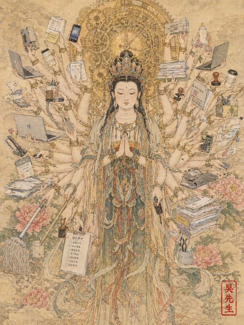 千手观音办公工笔画 AI 生图提示词效果图