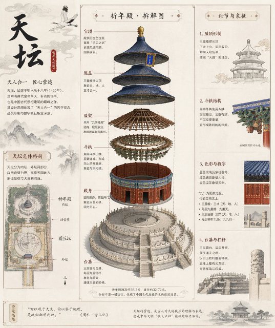 天坛建筑拆解图 AI 生图提示词效果图