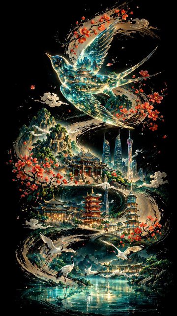 水墨广州超现实长卷 AI 生图提示词效果图