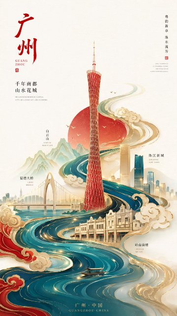 新中式广州塔城市海报 AI 生图提示词效果图