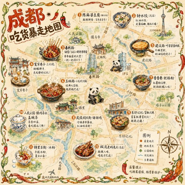 成都手绘美食地图 AI 生图提示词效果图
