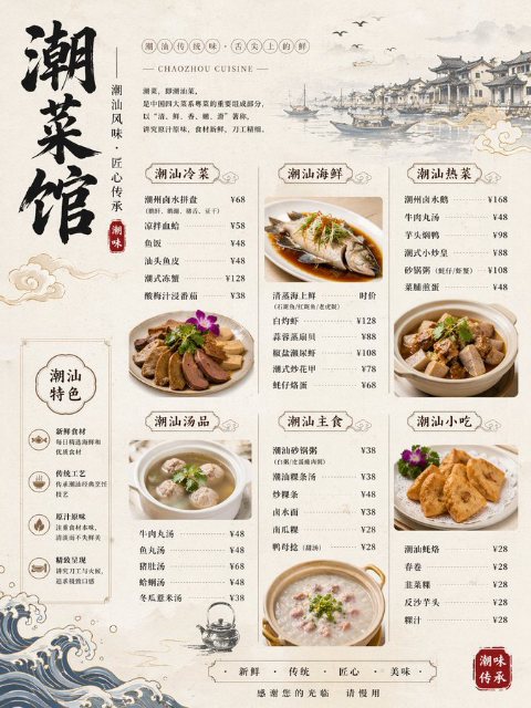 潮菜馆精致菜单图 AI 生图提示词效果图