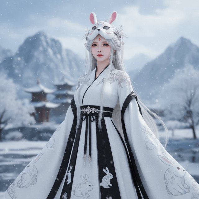 雪境兔耳汉服幻想人像 AI 生图提示词效果图