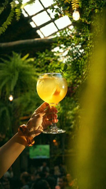 温室酒吧金色鸡尾酒 AI 生图提示词效果图