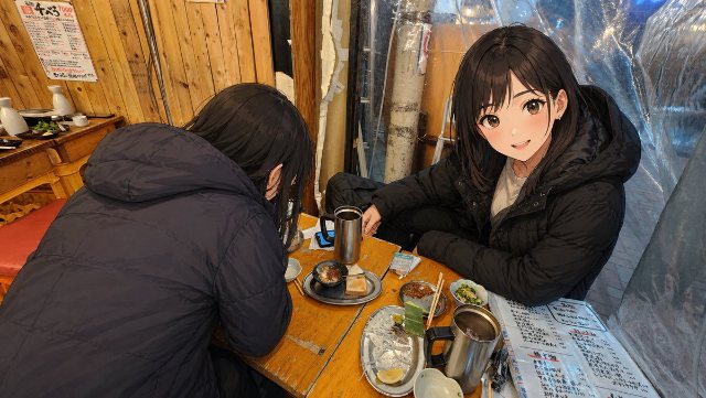 真实居酒屋中的动漫角色 AI 生图提示词效果图