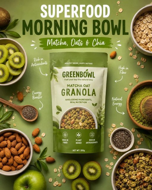 抹茶燕麦 granola 广告海报 AI 生图提示词效果图