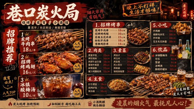 烧烤与韩式炸鸡双品牌菜单设计 AI 生图提示词效果图