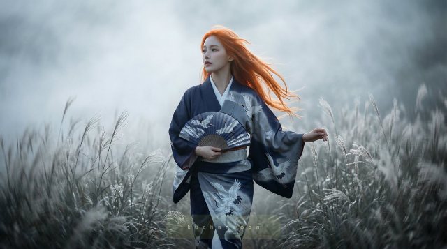 银色草地橙发电影定格 AI 生图提示词效果图